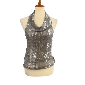 Mango MNG Halter Top Size Small Gray Sequin Metallic Mesh Cowl Neck Party